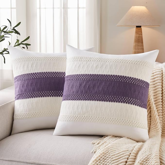 2pk Boho Pillow Covers 24x24, Natural White/Contrast/Purple | 100% Organic Cotton Body, Stripe Embroidery, Farmhouse Decorative Cushion Covers for Sofa Bed Living Room Home Decor