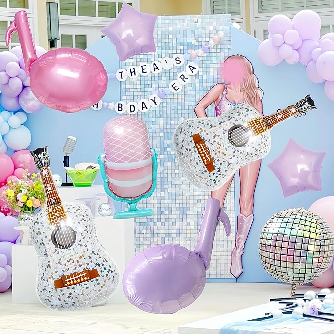 7Pcs Pink Purple Music Note Balloons for Singer Fans Party Decoration/Tayl Singer Birthday Decor/Korean Idol Demon Hunters Concert Balloon/Iridescent Disco Ball Foil Balloons/Popular Singer Supplies