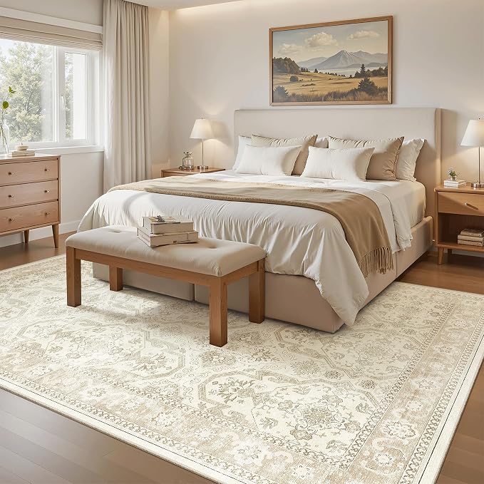 Soalmost 5x8 Area Rug Low Pile Washable Trendy Faded Style Rug, Beige/Brown | Vintage Non-Slip Indoor Accent for Bedroom Dining, Foldable Stain Resistant Floor Carpet Mat Under Table Home Office Decor