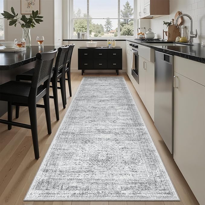 Soalmost Washable Runner Rug 2'6"x8' Kitchen Hallway Runners Grey | Soft Non-Slip 2.5x8ft Carpet for Entryway Bathroom, Low Pile Vintage Foldable Floor Mat for Corridor Laundry Room Bedroom
