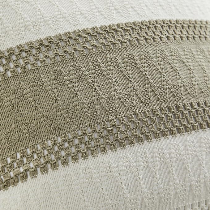 2pk Boho Pillow Covers 22x22, Natural White/Contrast/Dark Sage | 100% Organic Cotton Body, Stripe Embroidery, Farmhouse Decorative Cushion Covers for Sofa Bed Living Room Home Decor