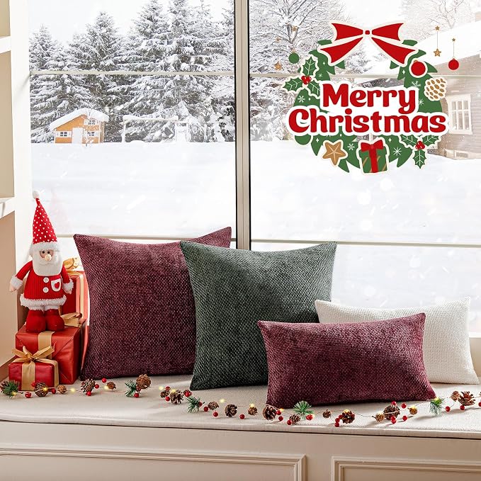 a moment Christmas Wine Red Chenille Throw Pillow Covers 22x22 Inch Pack of 2 Modern Decorative Throw Pillow Covers Farmhouse Cross Covers Home Decor for Sofa Bedroom Living Room
