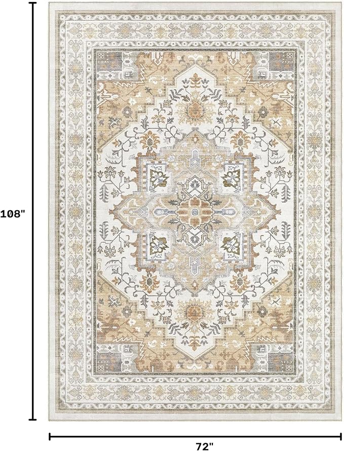 UERMEI 6x9 Area Rug for Living Room - Washable Vintage Carpet, Non-Slip Soft Large Indoor Floor Rugs for Bedroom Home Office & Under Dining Table Decor, Brown Beige