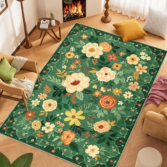 DUKINO 6x9 Area Rugs, Floral Washable Rug for Bedroom Non Slip, Dark Green | Soft, Low Pile, Large Indoor Rug for Living Room, Dining Room, Kids Room, Office, Pet Friendly, Home Decor, Stain Resistant
