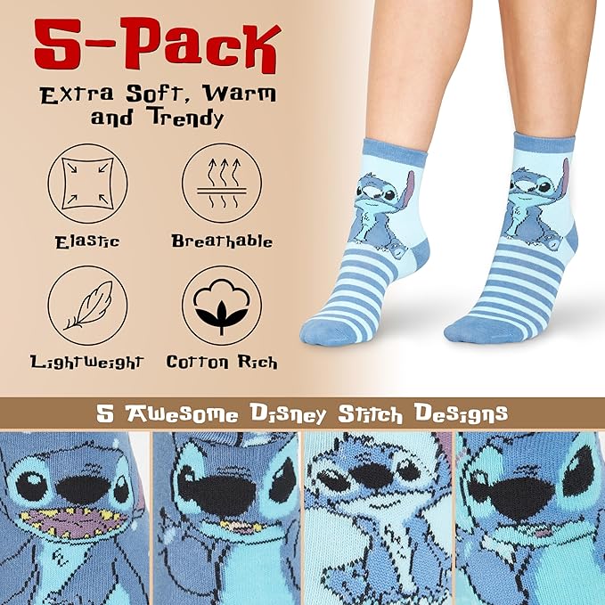 Disney Stitch Socks Gifts for Women Teens, US Size 4-9, Baby Yoda Pack of 5 Fuzzy Casual Crew Socks for Home Sleep Winter