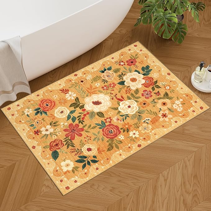 DUKINO 2x3 Entryway Rug, Floral Door Mat Soft Washable Rug Non Slip, Orange | Low Pile, Non-Shedding Small Rug for Kitchen, Entrance, Bedroom, Bathroom, Pet Friendly, Stain Resistant, Modern Home Decor