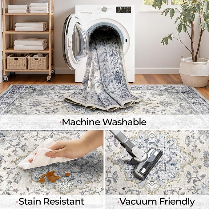 CAPALOCA 8x10 Washable Nursery Girls Low Pile Area Rug Blue White | Non-Slip Soft Rugs for Bedroom Kids Playroom Living Room, Print Pattern Water Repellent Carpet Indoor Decor