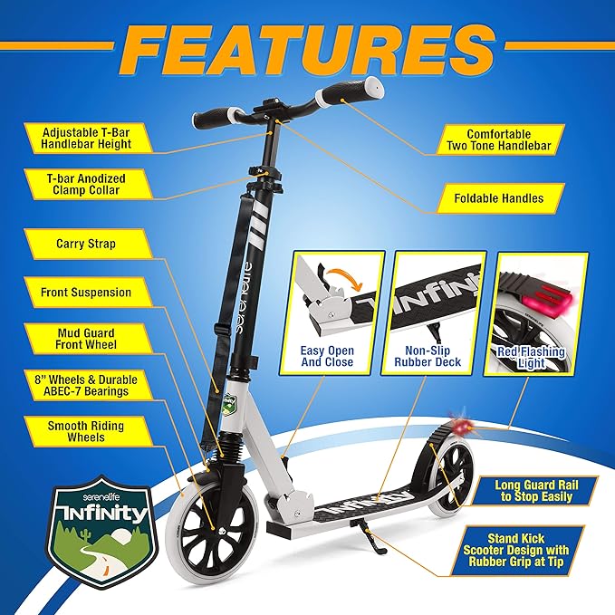 SereneLife Two Wheel Scooter for Teens, Smooth Gliding Kick Scooter for Adults w/Adjustable Height for Ages 8+, Portable All Terrain Scooter w/Carry Straps, Easy to Fold