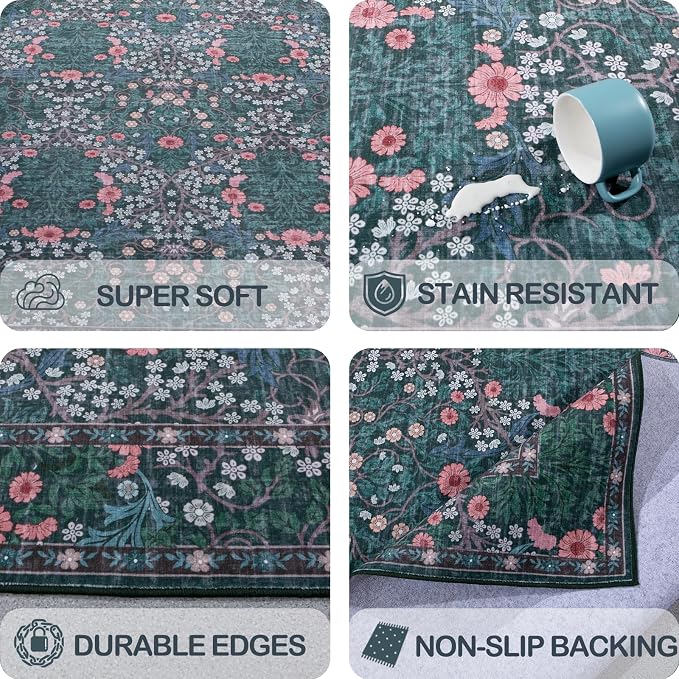 Vintage Green Living Room Rug, 8x10 Washable Area Rugs for Dining Room Under Table, Soft Low Pile Large Carpet Bedroom, Non-Slip Boho Floral (8 x 10 Green)