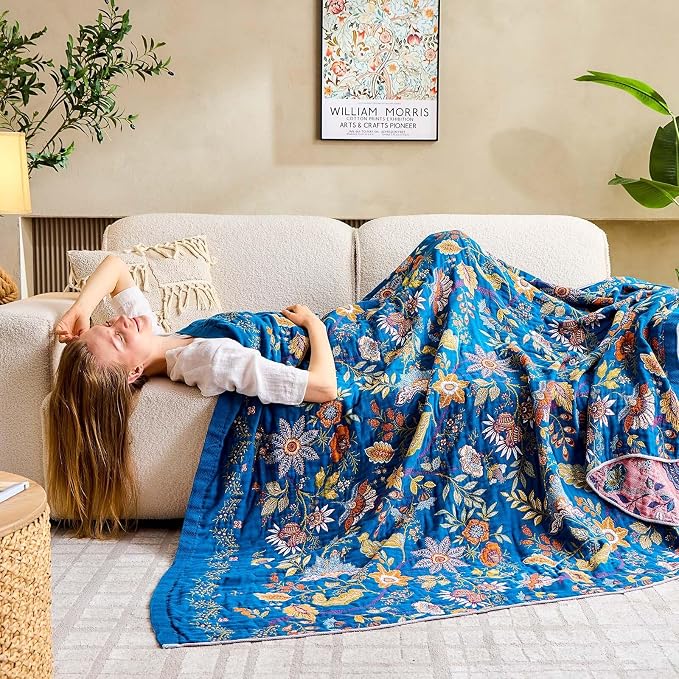 XIBLC Fall Throw Blanket for Couch, Blue Boho Decorative Throw Blanket, 100% Cotton Muslin Breathable Woven Farmhouse Blankets Quilt, 90"x98" Reversible Lightweight Blankets Bohemian Throw Quilt