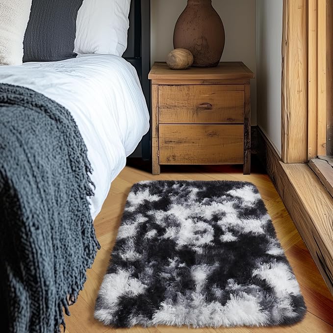 Amdrebio Black White Grey Small Mini Rug 2x3 for Boys Bedroom Dorm Office | Fuzzy Fluffy Furry Plush Cool Carpet, Classroom Men Cave Playroom Living Room Decor, Gothic Aesthetic, Teen Baby Kids Corner