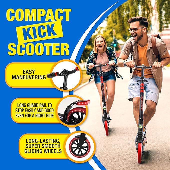 SereneLife Two Wheel Scooter for Teens, Smooth Gliding Kick Scooter for Adults w/Adjustable Height for Ages 8+, Portable All Terrain Scooter w/Carry Straps, Easy to Fold