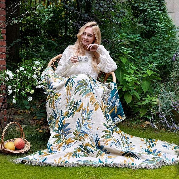 LUTBM Boho Throw Blanket for Bed 60"x80", All Season Cotton Couch Blankets | Reversible Leaves Jacquard, All-Season Twin Lightweight Breathable Quilt, For Chair Sofa Bedroom Living Room, Home Decor