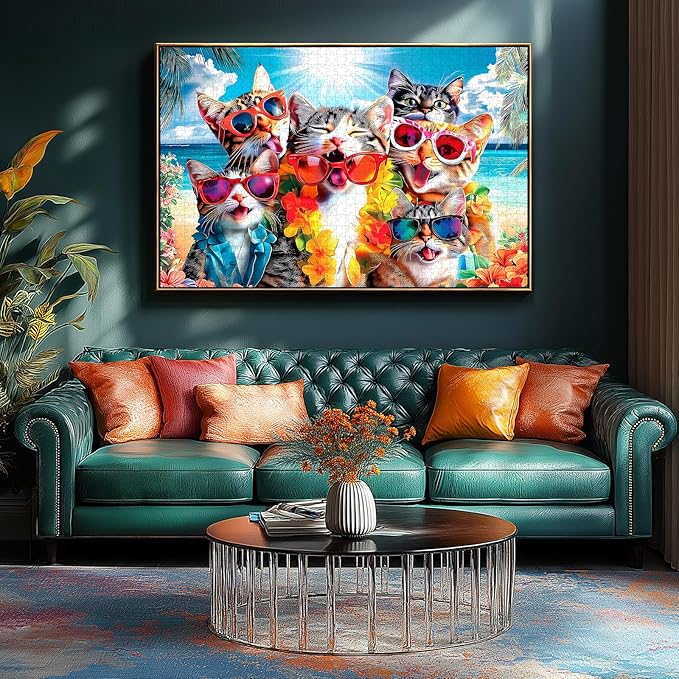 Cat 500-Piece Jigsaw Puzzle for Adults - Fun Beach Party Scene with Sunglasses & Leis - Unique Home Decor & Gift Idea - 23x15 Inch