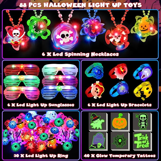 88 Pcs Halloween Party Favors, Halloween Toys Gifts for Kids, LED Rotating Necklaces Light Up Glasses Bracelets Led Rings Glow In The Dark Temporary Tattoos for Halloween Party Decorations Supplies