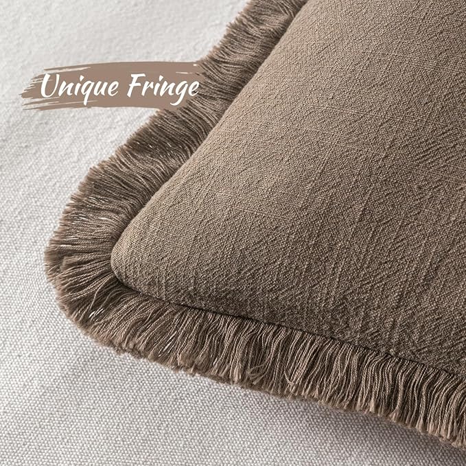 MIULEE Linen Decorative Fall Euro Throw Pillow Covers Cocoa Brown 26x26 | Set of 2, Cottagecore Decor, Boho Farmhouse Neutral Pillow Covers, Rustic Fall Fringe Couch Cushion for Sofa Bed Living Room