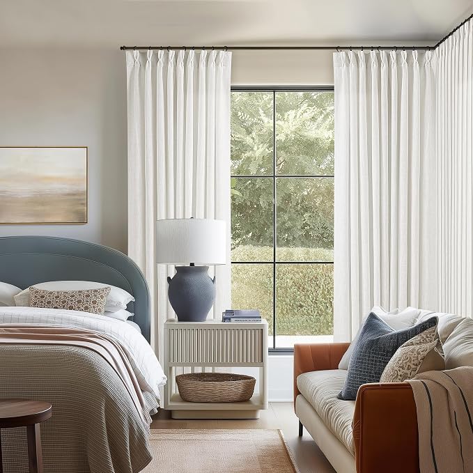 TWODRAPES Beige White Pinch Pleated Linen Curtains 1 Panel for Living Room Bedroom Memory Training Shaped Semi Sheer Pleat Drapes with Hooks Rings Light Filtering Window Curtain 60x108