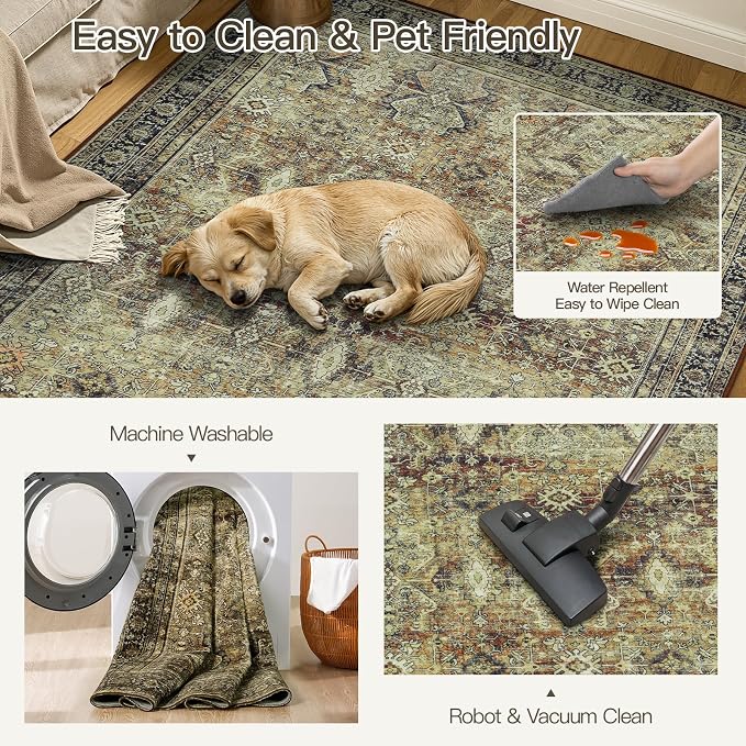 3x5 Area Rugs for Entryway, Brown Washable Non-Slip Area Rug for Kitchen | Low Pile Soft Small Rugs, Vintage-Style Carpet for Bathroom Bedroom Tool Room, Stain Resistant, Foldable Distressed Rug