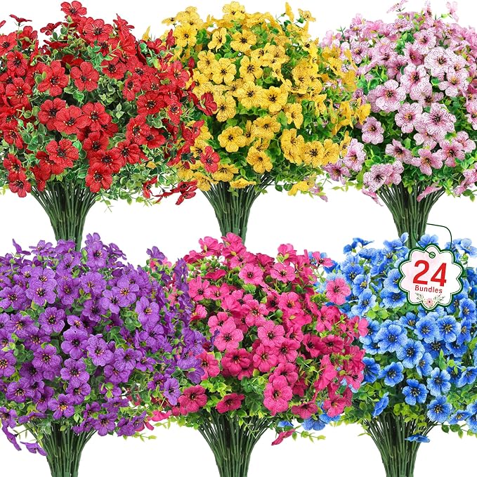 Ouddy Decor 24 Pcs Artificial Flowers for Outdoors Decorations, Multicolor | Colorful lifelike flowers, UV resistant, faux plastic plants, for garden porch window table vase home indoor outdoor decor