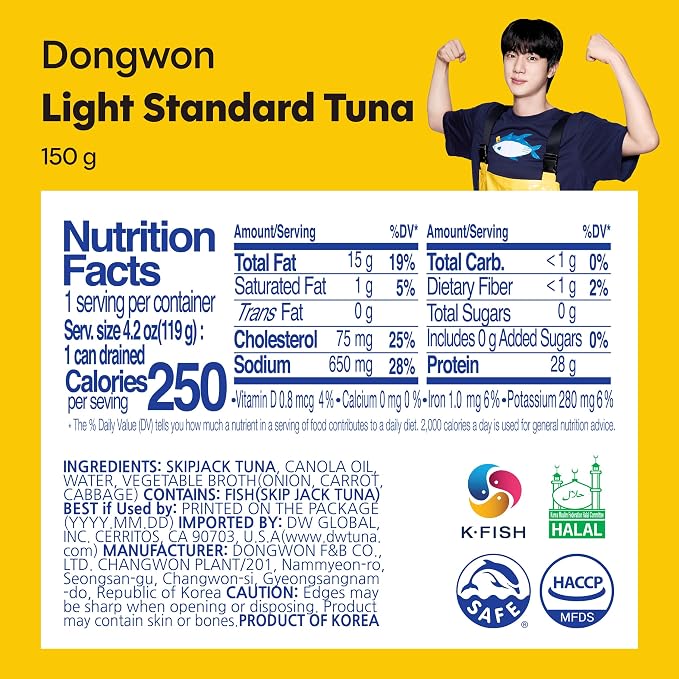 Dongwon Korean Canned Tuna, Light Standard in Canola Oil, 4-Pack — Wild-Caught Skipjack Solid Flakes, 28g Protein per Can, Keto-Friendly, Low-Carb, Omega-3, No Draining, 5.3oz (150g), Made in Korea