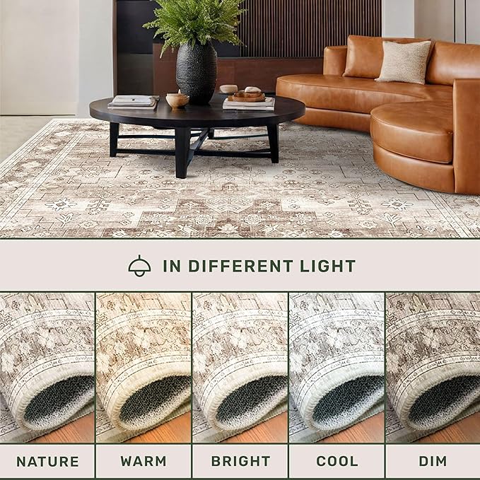 Washable Boho 6x8 Area Rug for Living Room - Vintage Beige Dining Room Rug Under the Table, Low Pile Non-Slip Rugs for Bedroom, Office - Charming Geometric Decor & Stain Resistance (6x8 Beige/Latte)