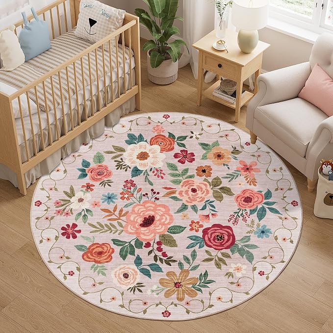 DUKINO 5ft Round Rug, Non Slip Floral Washable Small Circle Rug, Beige | Soft, Low Pile, Floral Indoor Area Rug for Bedroom, Living Room, Kids Room, Office, Pet Friendly, Stain Resistant, Home Decor