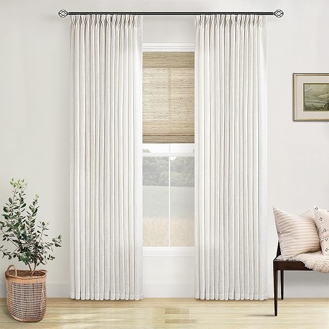 Natural Pinch Pleated Linen Semi Sheer Curtains 78 Inches Long 2 Panels | Memory Training Shaped, for Living Room Bedroom Cabin Closet, 400GSM Linen Textured, Pinch Pleat with Hooks Rings Back Tab