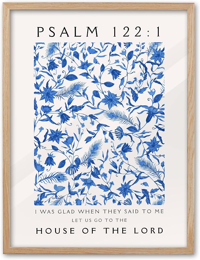 EcoHest 16x20 in Psalm 122:1 Blue Floral Framed Christian Wall Art | Solid Oak Wood Frame with Canvas Wall Art, Botanical Scripture Wall Decor for Bedroom, Living Room, Office, Church, 1Pack