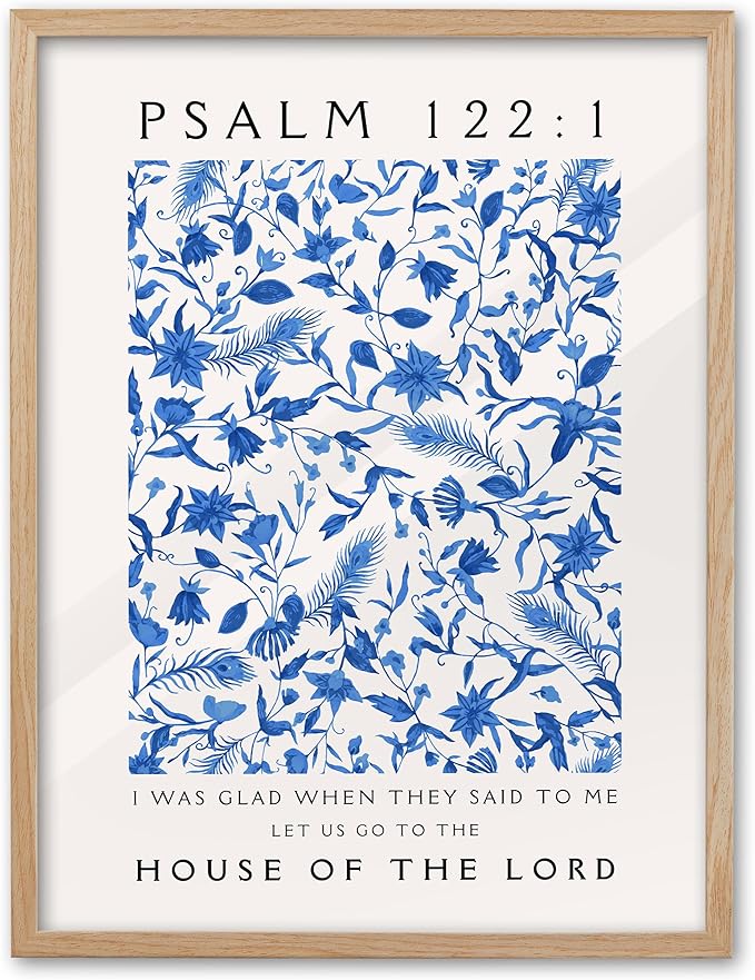 EcoHest 12x16 in Psalm 122:1 Blue Floral Framed Christian Wall Art | Natural Oak Wood Frame with Canvas Wall Art, Botanical Scripture Wall Decor for Bedroom, Living Room, Office, Church, 1Pack