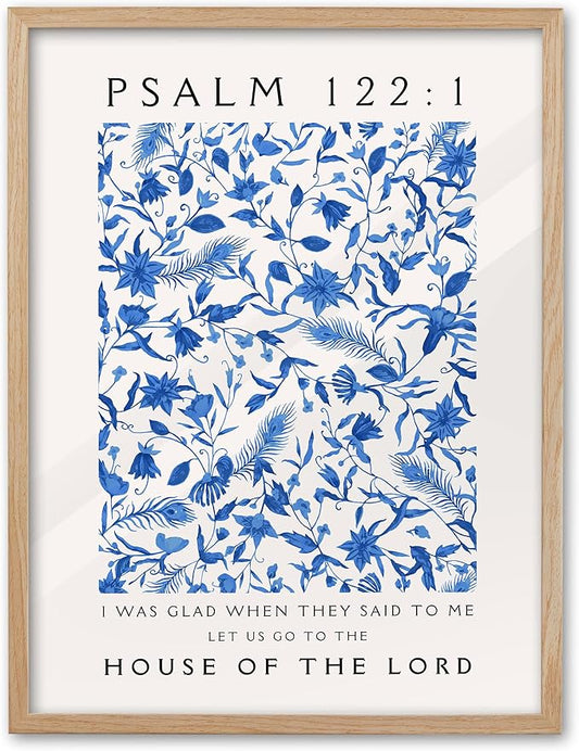 EcoHest 12x16 in Psalm 122:1 Blue Floral Framed Christian Wall Art | Natural Oak Wood Frame with Canvas Wall Art, Botanical Scripture Wall Decor for Bedroom, Living Room, Office, Church, 1Pack