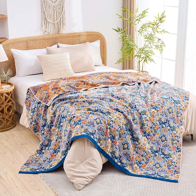 XIBLC Boho Throw Blanket for Bed, 100% Cotton Soft Rustic Quilt Fall Blanket, 50"x60" Floral Printed Farmhouse Decor Bed Blankets, All Season Rustic Reversible Bohemian Throw Quilt