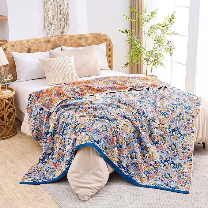 XIBLC Boho Throw Blanket for Bed, 100% Cotton Soft Rustic Quilt Fall Blanket, 80"x90" Floral Printed Farmhouse Decor Bed Blankets, All Season Rustic Reversible Bohemian Throw Quilt