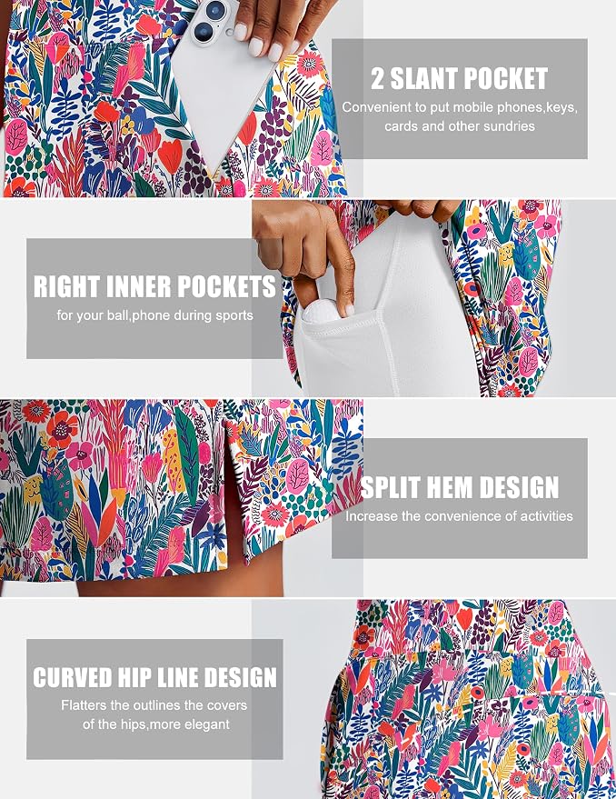 PINSPARK 20" Skorts for Woman Knee Length UPF 50+ Golf Skirts | 4 Pockets, Built-in Shorts, High Waisted, Split Hem, Silky-smooth, Moisture-wicking, for Golf Athletic Tennis Workout Casual