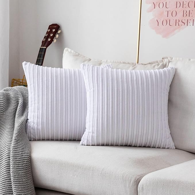 UGASA Pack of 2, Velvet Pillow Covers Striped, Decorative Throw Cushion Case with Hidden Zipper for Home Couch/Bedroom/Car, Soft Cozy Solid Square (18"x18", Pure White)