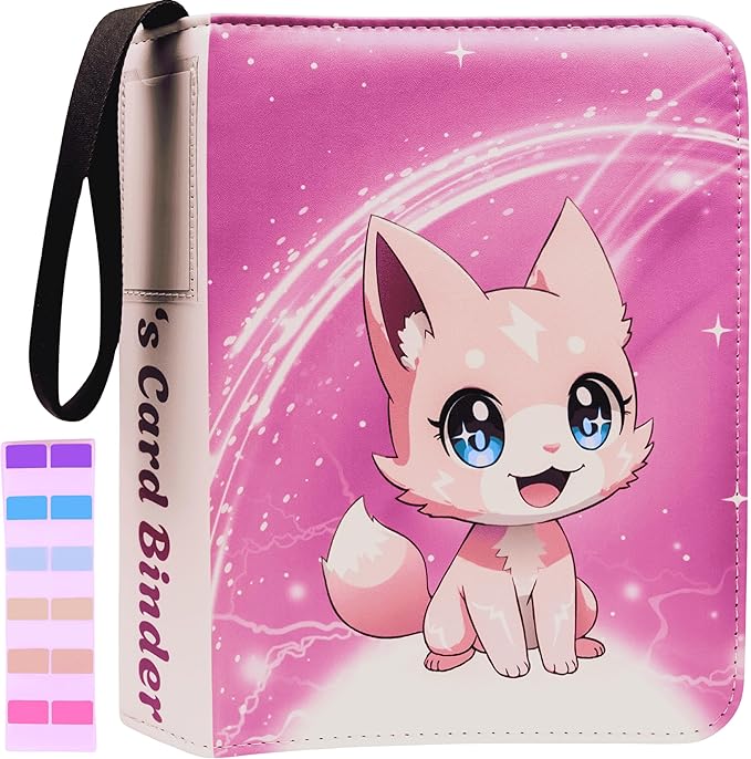 Trading Card Binder 4 Pocket Gifts for Girls, 440 Pockets Pink 3 Ring Binder, Includes Name Tag, Tab Stickers, Cards Binder Album Book Holder Case for Baseball Football Sports Tcg Binder