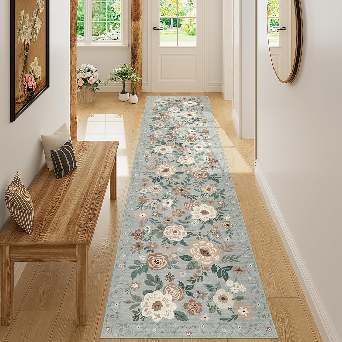 DUKINO 2x8 Runner Rug, Washable Runner Rug for Kitchen Non Slip, Sage Green | Floral, Low Pile, Soft Indoor Rug for Hallway, Entryway, Bedroom, Bathroom, Pet Friendly, Stain Resistant, Modern Home Decor