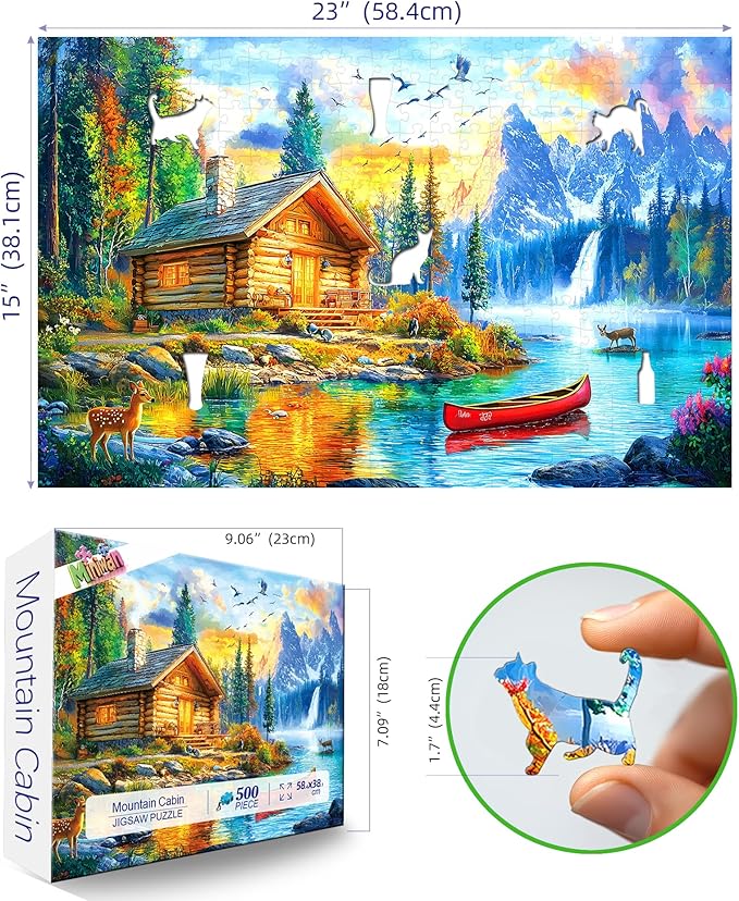 500 Piece Jigsaw Puzzle for Adults Mountain Lake Cabin Nature Forest Waterfall Deer Sunset Landscape Family Challenging Puzzles with Letters on Back Perfect for Game Night (23"X15")