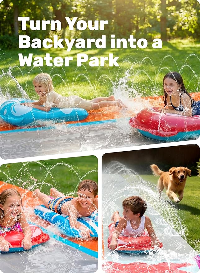 Sloosh Water Slides with 2 Inflatable Boards,22.5ft Double Lane Splash Slip Lawn Water Slide with Advanced Sprinklers Summer Toy for Kids Adults Fun Backyard Summer Outdoor, Shark