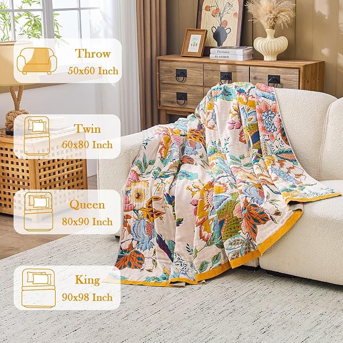 XIBLC Boho Throw Blanket 100% Cotton Vintage Blanket Muslin Woven Flower Decorative Throw Blankets All Season Bohemian Rustic Farmhouse Decor Quilt for Bed (Yellow 80"x90")