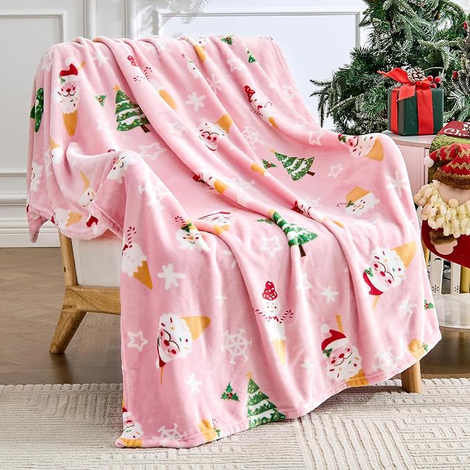 Edenleaf Christmas Blanket Soft Cozy Pink Throws with Snowman Snowflake Santa Claus and Xmas Trees Print, Fuzzy Warm Christmas Throw Blanket for Couch Bed Holiday Decorations Gifts 60"x80" (Pink)