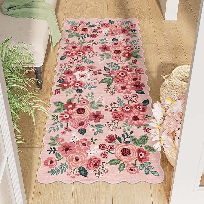 DUKINO 2x5 Washable Runner Rug, Floral Non Slip Rug for Kitchen, Pink | Soft, Low Pile, Non-Shedding Throw Rug Runner for Hallway, Entryway, Bedroom, Bathroom, Pet Friendly, Home Decor, Lightweight