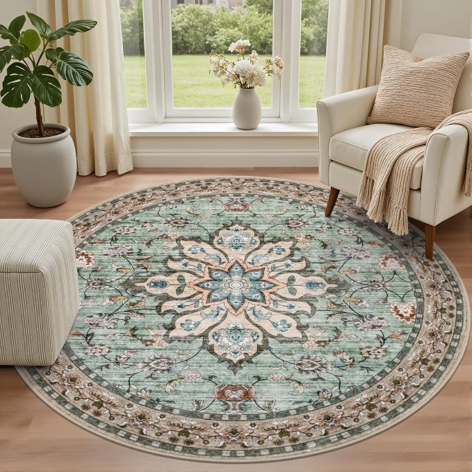 Round Area Rug for Living Room: 6ft Washable Vintage Boho Soft Thin Circle Rug Indoor Floor No Slip Stain Resistant Carpet for Bedroom Dining Room Farmhouse Nursery Home Office - Brown Green