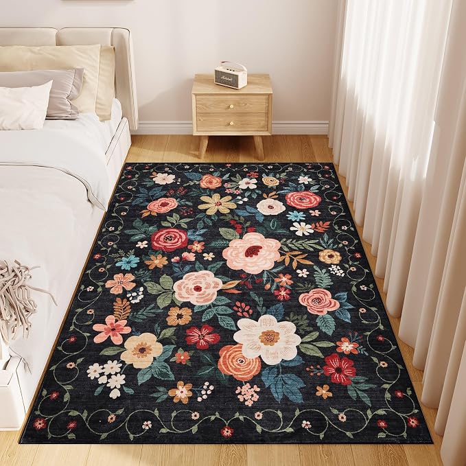 DUKINO 4x6 Area Rug, Floral Washable Office Rug Non Slip Chair Mat, Black | Low Pile, Stain Resistant, Soft Indoor Rug for Bedroom, Living Room, Dining Room, Kids Room, Pet Friendly, Modern Home Decor