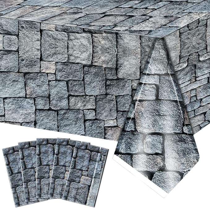 Cobblestone Tablecloth Stone Printed Table Cover Medieval Table Decoration Plastic Tablecloth Stone Brick Tablecovers for Medieval Castle Knight Themed Party, 4.3 x 7.2 Feet(Medieval Style, 5 Pcs)