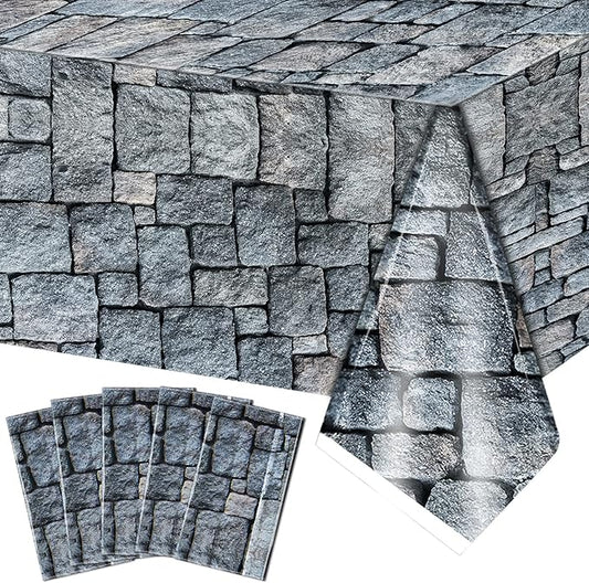 Cobblestone Tablecloth Stone Printed Table Cover Medieval Table Decoration Plastic Tablecloth Stone Brick Tablecovers for Medieval Castle Knight Themed Party, 4.3 x 7.2 Feet(Medieval Style, 5 Pcs)