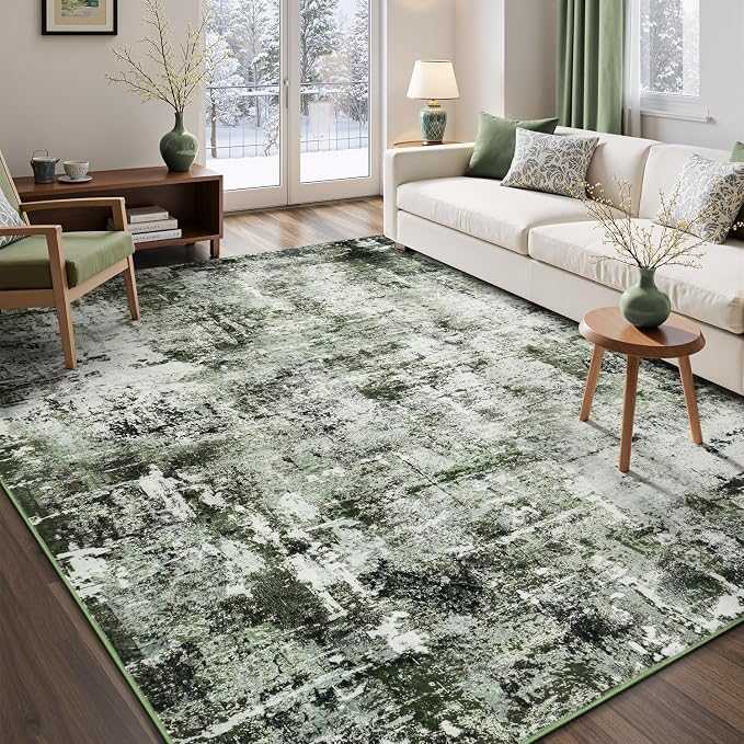 Rugflix 5x7 Area Rugs for Living Room, Washable Dark Green Large Rug | Machine Washable; Stain-Resistant; Low Pile; Non-Slip; Modern Abstract; Carpet for Bedroom Dining Office Nursery Home