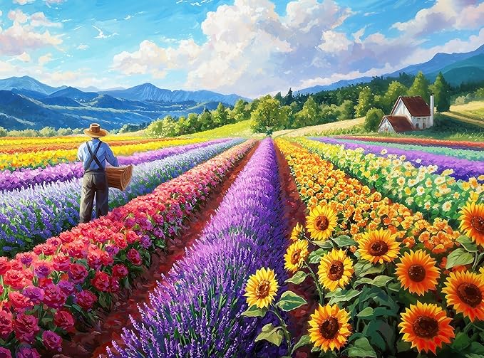 Country Cottage Flower Farm in The Mountains - Prime Time Puzzles 1000 Piece Jigsaw Puzzle for Adults - Sunflowers and Colorful Floral Rows - Challenging Puzzle Perfect for Game Nights - 20x27 inch