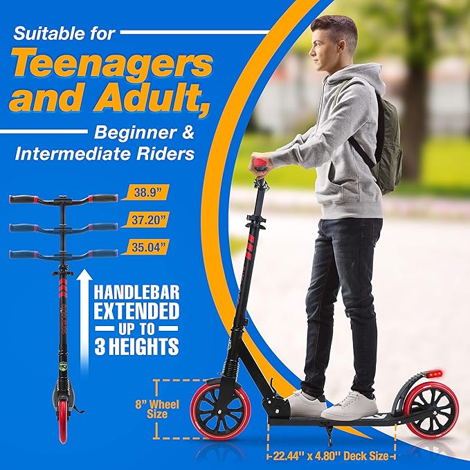 SereneLife Two Wheel Scooter for Teens, Smooth Gliding Kick Scooter for Adults w/Adjustable Height for Ages 8+, Portable All Terrain Scooter w/Carry Straps, Easy to Fold