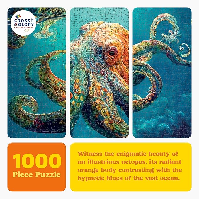Cross & Glory Jigsaw Puzzles 1000 Pieces for Adults | Deep Blue Octopus Odyssey | Ocean Octopus Puzzles for Adults | Challenging Brain Teaser Ocean Puzzle | 20 x 27 Inches