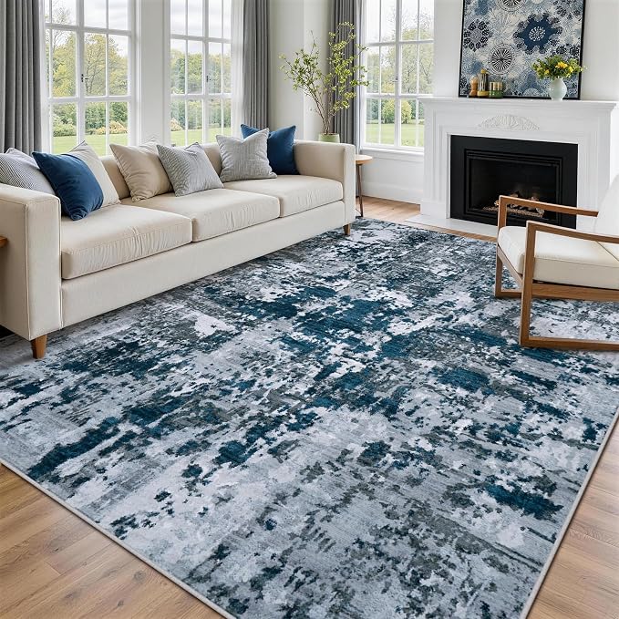 8x10 Area Rugs for Living Room Rug Washable: Abstract Large Rug for Dining Room Bedroom Carpet Non Slip 8 by 10 Indoor Modern Nursery Home Office Navy Grey